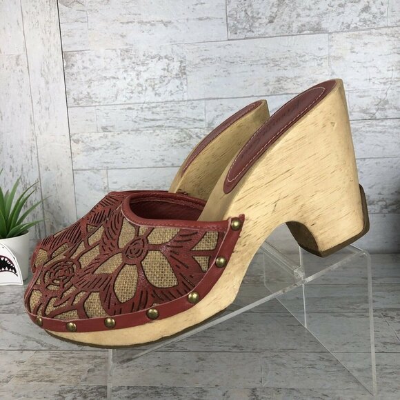 Kenneth Cole Womens Wooden Peep Toe Heels Platform Size 8 "Rare" Red/Burgandy‎ - Picture 2 of 12